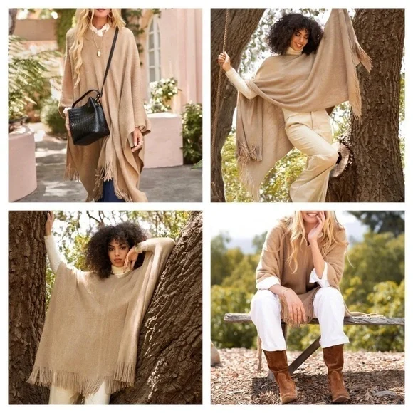 Shiraleah Rowan Camel Fringe Poncho One Size NWT Curateur Rachel Zoe - Picture 7 of 11